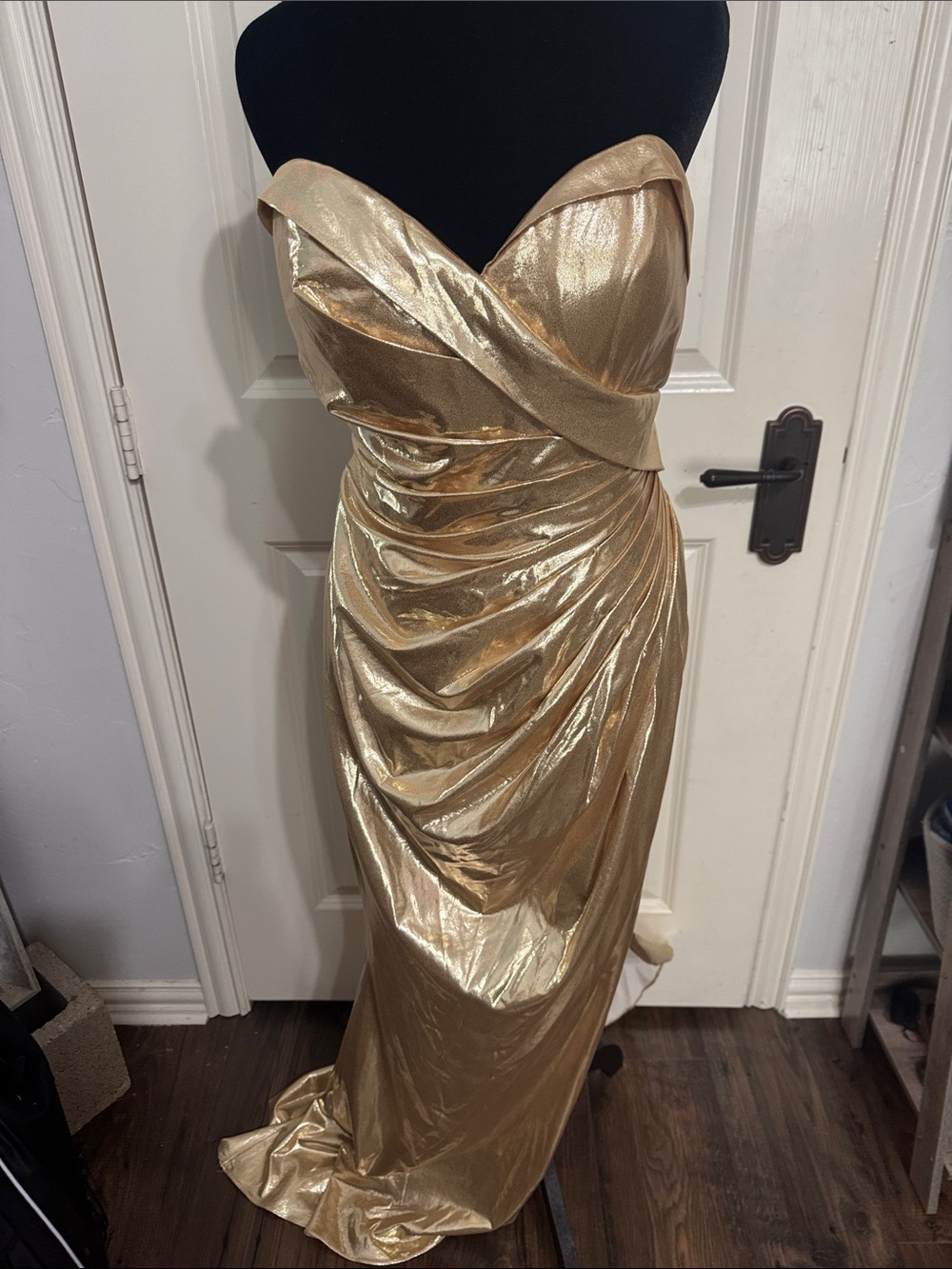 Strapless Gold Ruched Evening Gown